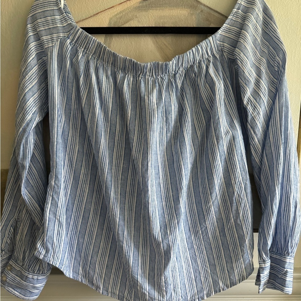 FREE PEOPLE Women’s Hello There Beautiful Blue White Tie Off Shoulder Shirt - Picture 10 of 10